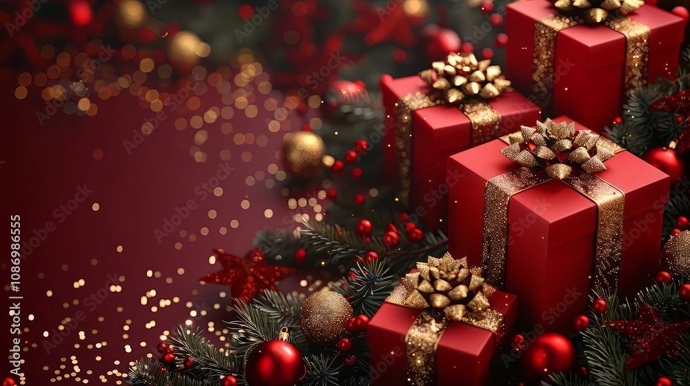 Christmas banner. Realistic gold gift box with red bow, pine branches, golden stars and glitter confetti. Xmas background, cover, poster, greeting cards, headers website. Christmas banner. Realistic gold gift box with red bow, pine branches, golden stars and glitter confetti. Xmas background, cover, poster, greeting cards, headers website.