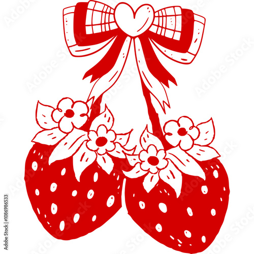 Strawberry with bow coquette clipart, cute, y2k, coquette aesthetic, bows clipart, crafts Bows , Coquette,Pink Coquette Ribbon Clipart Gift bow clipart clipart Decoration valentine, hand drawn