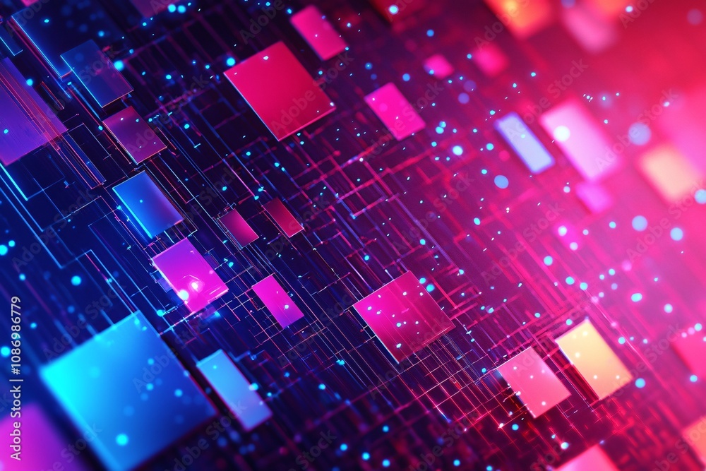 Vibrant Abstract Background with Neon Squares and Circuit Patterns Vibrant Abstract Background with Neon Squares and Circuit Patterns