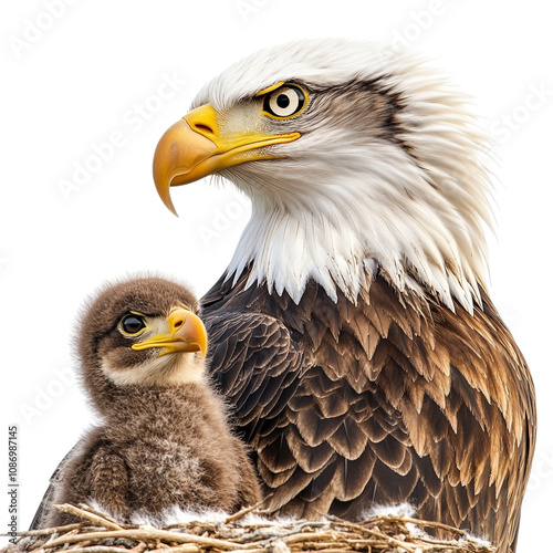 Eagle with its eaglet against transparent background for wildlife and nature themes