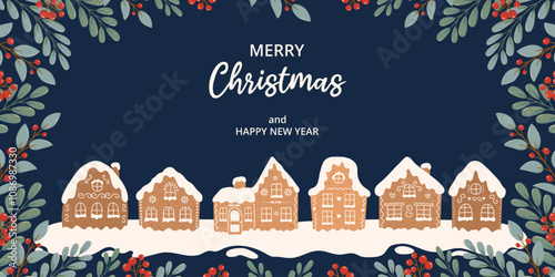 Christmas celebration blue background with gingerbread houses, snow, festive plants and typography in flat style. For banner, poster, cover, invitation, card, label.