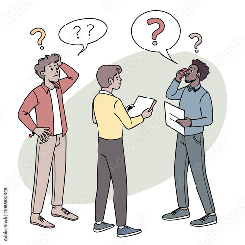 Vector Illustration of People Asking Questions to Each Other – Colorful Minimalist Art Featuring Speech Bubbles, Casual Discussion, and Communication Theme for Educational or Collaborative Use