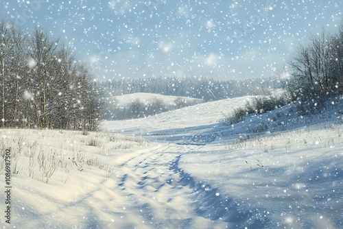 Snowy background with falling snowflakes and a serene winter landscape.