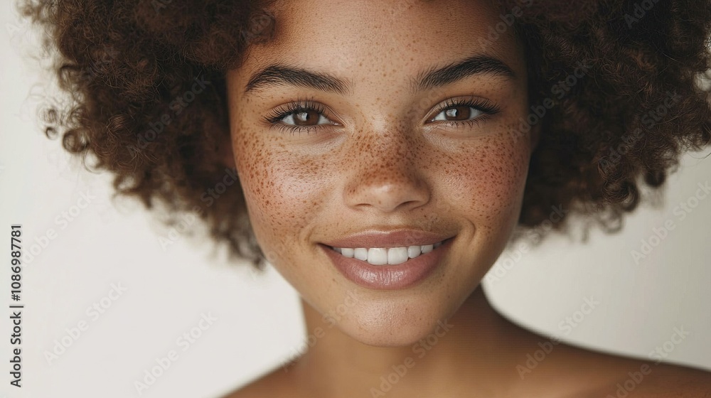 Beautiful Young Woman with Curly Hair and Freckles Smiling at the Camera, Radiating Joy and Confidence in Soft Natural Light Beautiful Young Woman with Curly Hair and Freckles Smiling at the Camera, Radiating Joy and Confidence in Soft Natural Light