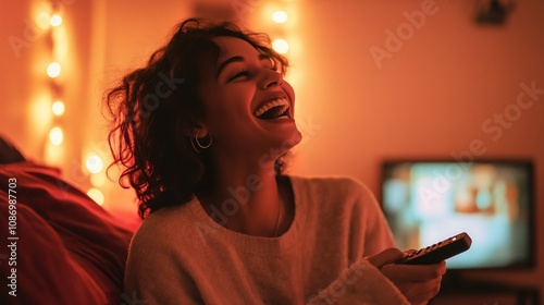 Photo of a happy, mixed-race woman holding a remote control and laughing while watching TV in a bedroom