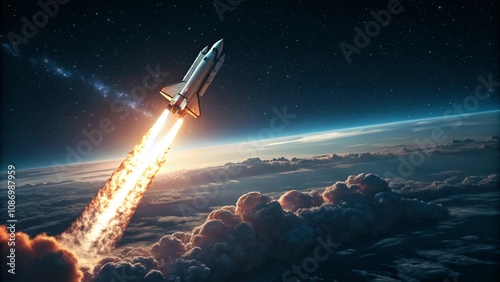 A rocket breaking through the atmosphere, leaving a glowing exhaust trail against a backdrop of the stratosphere photo