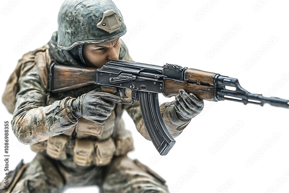 Fototapeta premium Soldier aiming assault rifle isolated on white background