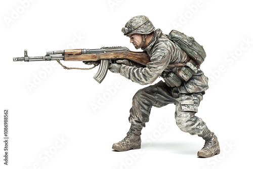 Soldier aiming assault rifle in combat position on white background