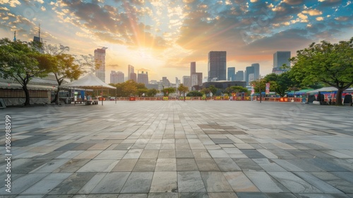 Fototapeta Naklejka Na Ścianę i Meble -  Empty square floor with city skyline background, Cityscape with dramatic sunset clouds, urban skyline at twilight