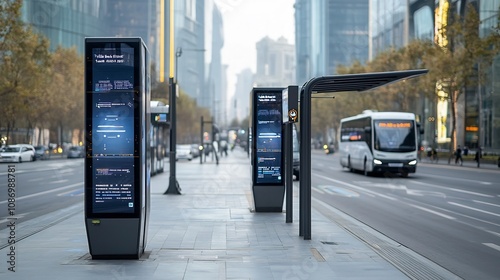 Intelligent Bus Stop with Real Time Digital Displays Showing Arrival Times and Connectivity with Nearby Autonomous Vehicles for Seamless Urban Transportation photo