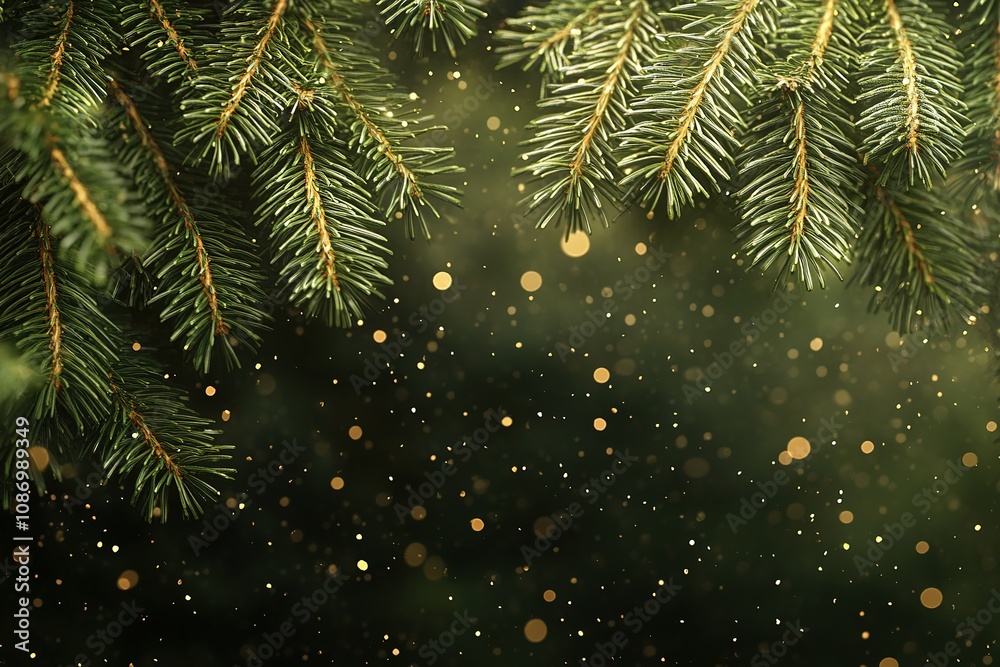 A close-up of green pine tree branches with small lights hanging from them, creating an enchanting and magical atmosphere. A close-up of green pine tree branches with small lights hanging from them, creating an enchanting and magical atmosphere.