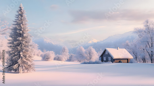 cozy cabin nestled in snowy landscape with Christmas tree, surrounded by serene mountains and pastel sky, evokes peaceful winter wonderland