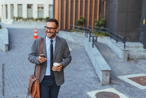 Smiling Businessman Enjoying Coffee and Phone Walk Outdoors