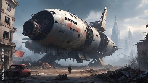 spaceship flying above the clouds