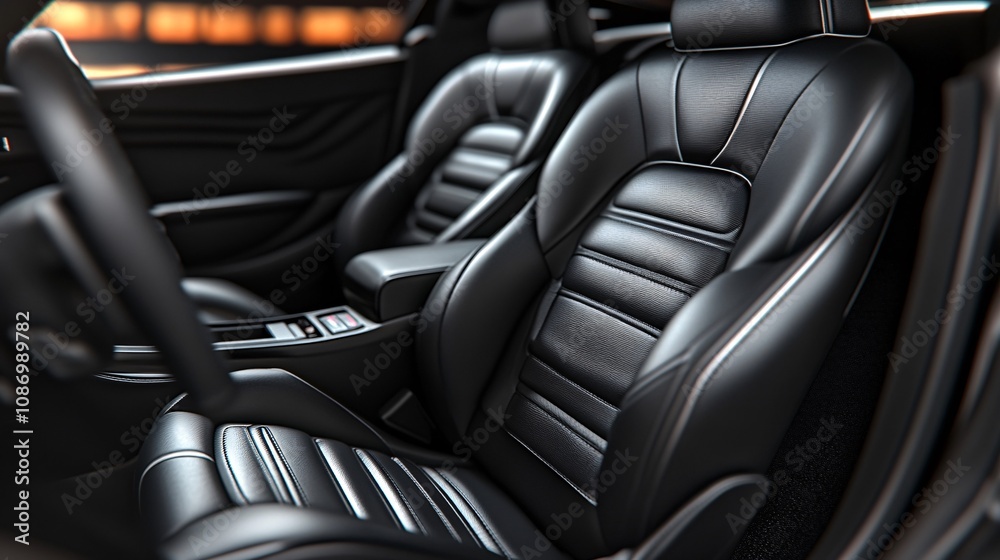 Fototapeta premium Luxurious black leather car seats with elegant stitching and modern interior design.