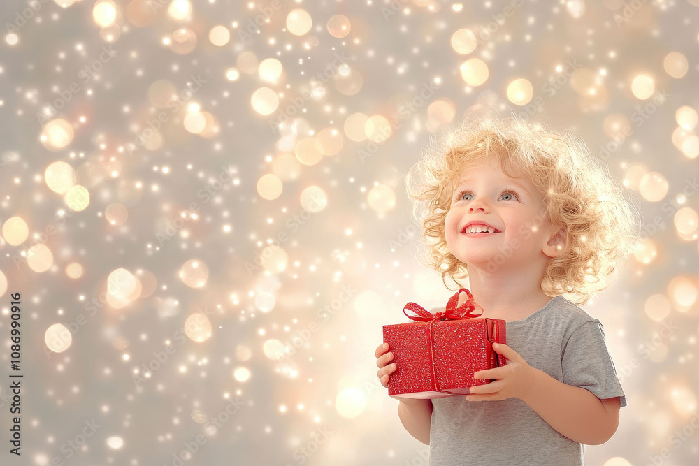 Adorable child holding a red gift box with sparkling background Adorable child holding a red gift box with sparkling background
