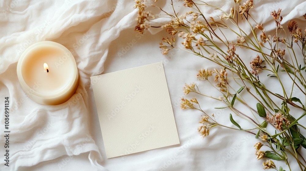 A card mockup with a beige-colored candle and some wild flowers next to it. A card mockup with a beige-colored candle and some wild flowers next to it.