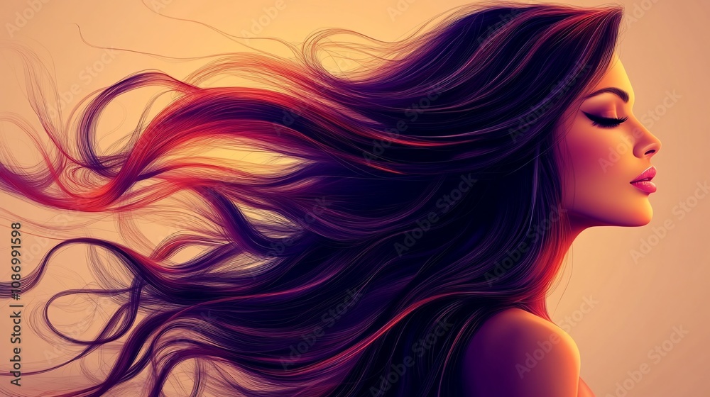 A digital illustration of a woman with long flowing hair in profile. A digital illustration of a woman with long flowing hair in profile.