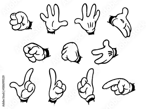 Set of classic cartoon gloved hand gestures in graffiti style with dripping paint effect 
