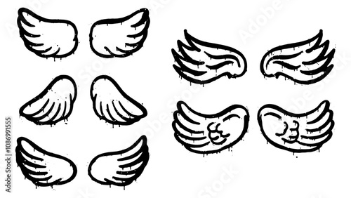 Set of wings in graffiti doodle style with dripping paint effect