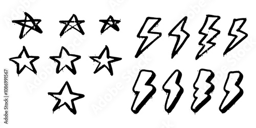 Set of star and lightning bolt doodles in graffiti style with dripping paint effect