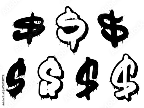 Set of dollar signs in graffiti style with dripping paint effect