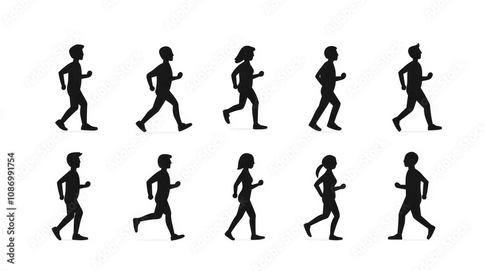 Silhouette icons of people running and walking in various poses Silhouette icons of people running and walking in various poses