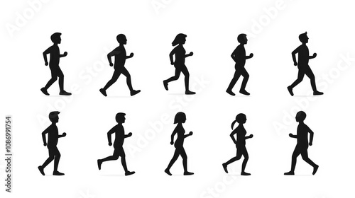 Silhouette icons of people running and walking in various poses