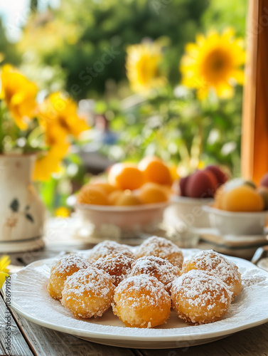 Austrian marillenknoedel (apricot dumplings) with a golden breadcrumb crust, served with a dusting of powdered sugar photo