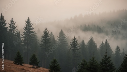 Misty morning shrouds the pine-clad mountains, a serene winter landscape