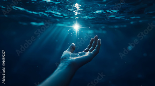 A hand reaches upward through shimmering water, capturing a moment of hope and connection in an ethereal underwater scene.