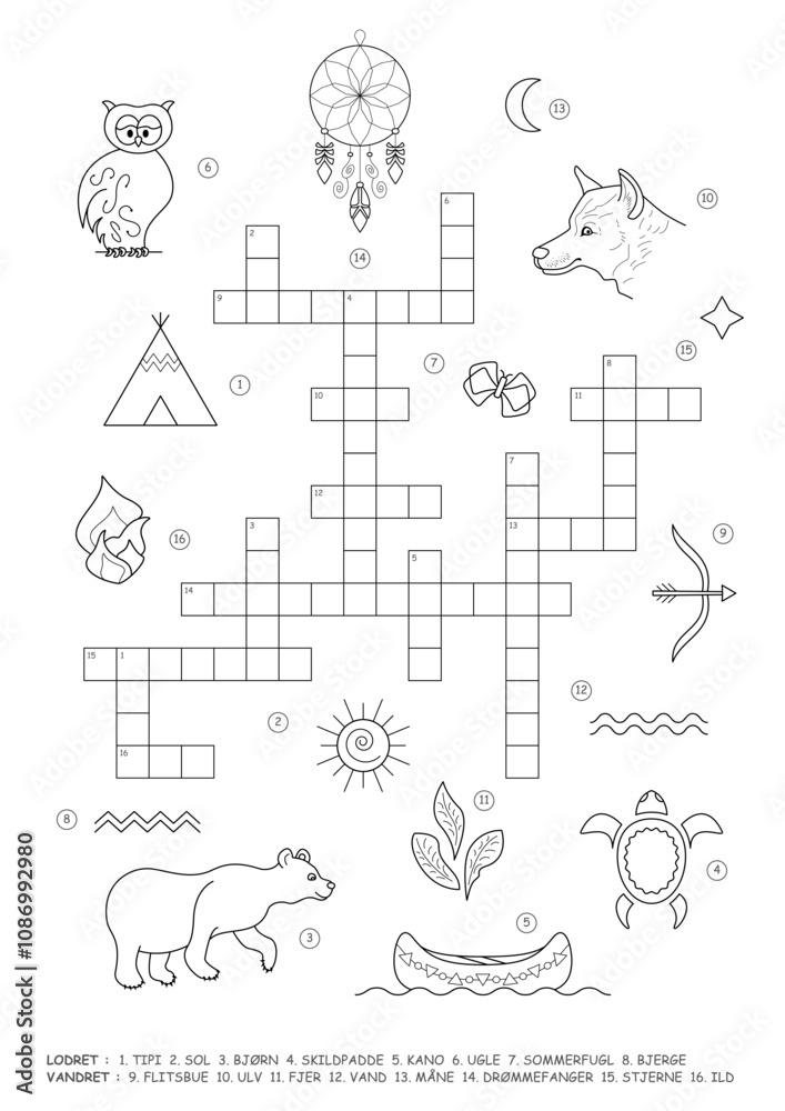 Obraz premium Crossword Puzzle. Native American. Danish language.