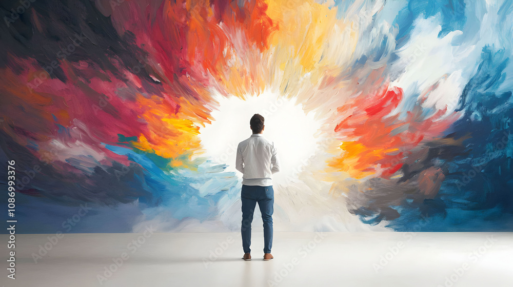 A person stands before a vibrant, abstract mural, gazing towards a bright, colorful explosion of paint, symbolizing creativity and inspiration. A person stands before a vibrant, abstract mural, gazing towards a bright, colorful explosion of paint, symbolizing creativity and inspiration.
