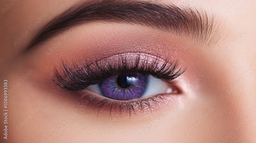 Close-Up of Vibrant Purple Eye with Lush Eyelashes and Soft Makeup, Highlighting Intricate Details and Colorful Contrast for Beauty and Fashion Photography