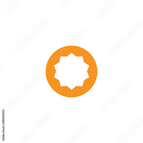 A circular logo with a stylized sunburst shape inside.