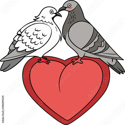 a red heart with 2 pigeons taking it 