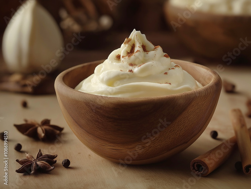 Wooden bowl filled with whipped cream, surrounded by spices like cinnamon and star anise, capturing warmth and cozy dessert vibes. photo