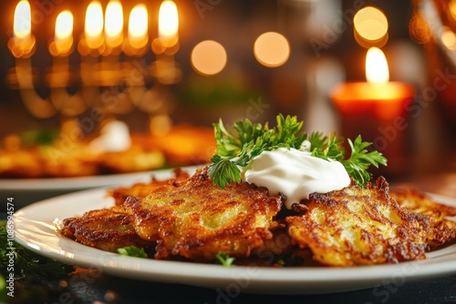 Traditional Hanukkah latkes garnished with parsley and sour cream photo