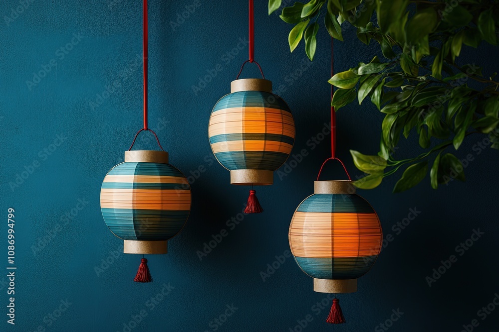 Obraz premium Three paper balls in the shape of Christmas ornaments, with green and beige stripes and patterns on them, red ribbons tied to their ends