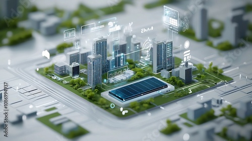 Fototapeta Naklejka Na Ścianę i Meble -  Conceptual of a futuristic smart city powered by an advanced renewable energy grid system with battery storage for optimized energy consumption