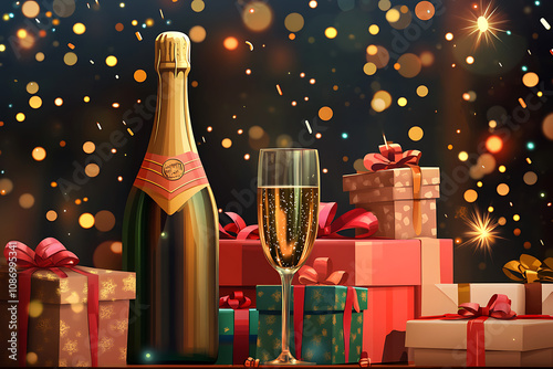 Champagne bottle, sparkling wine glass and christmas gift boxes on festive background