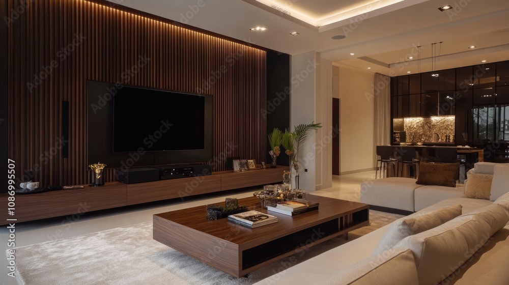 Modern Living Room with Wooden Accents and a Cozy Atmosphere