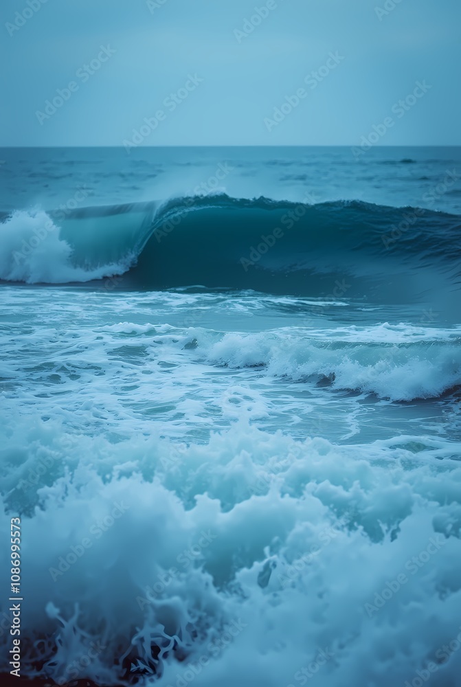Fototapeta premium Blue sea with strong waves, high waves close up