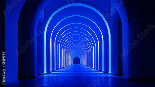 Futuristic neon blue corridor with glowing arches, creating a surreal and modern ambiance. Perfect for sci-fi, technology, or abstract design concepts.