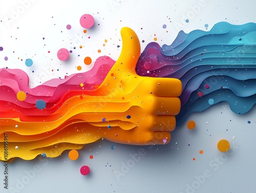 illustration showcases colorful thumbs up icon filled energetic motion lines white background. design emphasizes enthusiasm and positivity its bold colors.