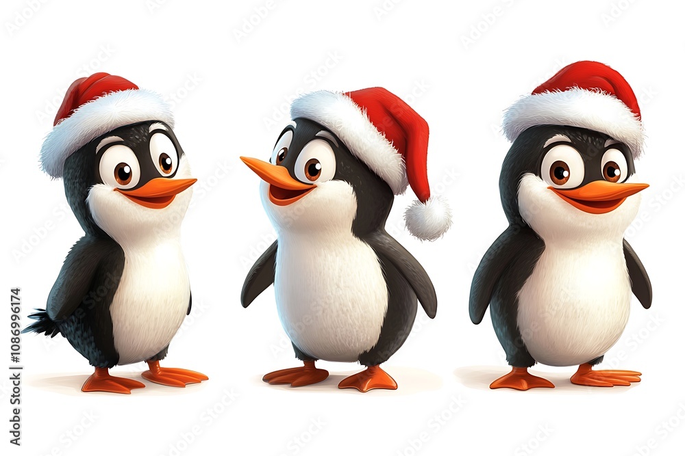 Three cute cartoon penguins wearing christmas hats celebrating christmas festivities Three cute cartoon penguins wearing christmas hats celebrating christmas festivities