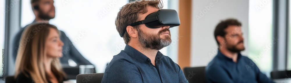 A man wearing virtual reality goggles, immersed in his experience, surrounded by an engaged audience. A man wearing virtual reality goggles, immersed in his experience, surrounded by an engaged audience.