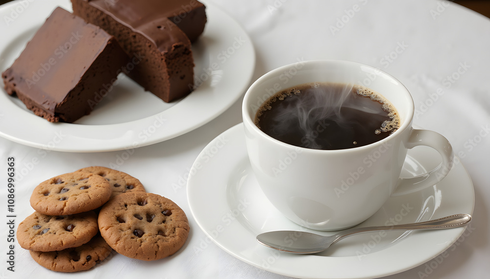 A steaming cup of hot coffee, next to cookies and a slice of chocolate cake on a white tablecloth. A steaming cup of hot coffee, next to cookies and a slice of chocolate cake on a white tablecloth.