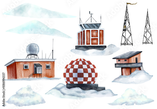 Set of meteorological stations in the South Pole. Watercolor clipart. Can be used for educational materials, scientific publications, weather forecasting apps or websites, and climate change campaigns