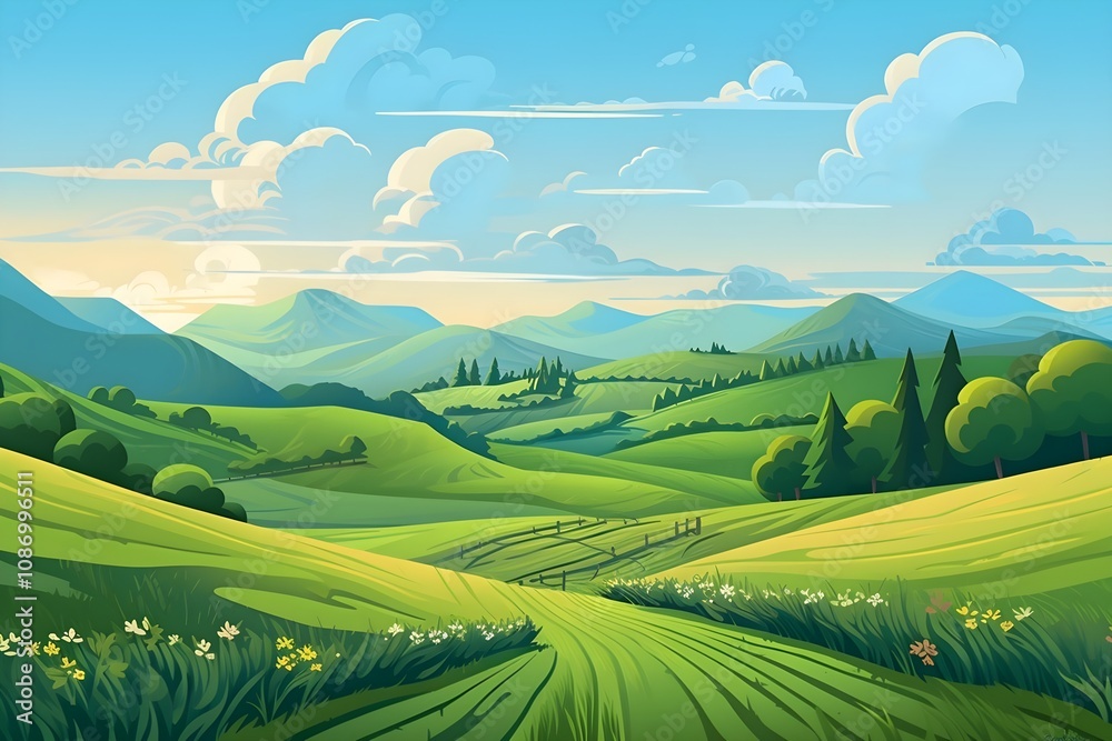 Obraz premium A Fantasy landscape a glacier island, snow, fairy illustration, nature, vector, background, hill, sky, mountain, tree, environment, horizon, summer, blue, forest, landscape - scenery, horizontal,